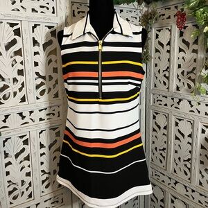 BOLD MULTICOLOR HORIZONTAL STRIPES SLEEVELESS GOLD TONE ZIPPER WITH COLLAR TOP